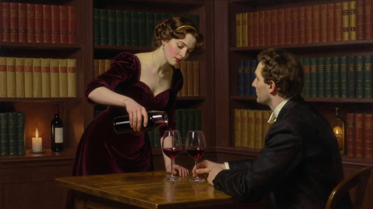 Two people sit across from each other in a cozy Parisian wine cellar, sharing a quiet moment over wine and art books.