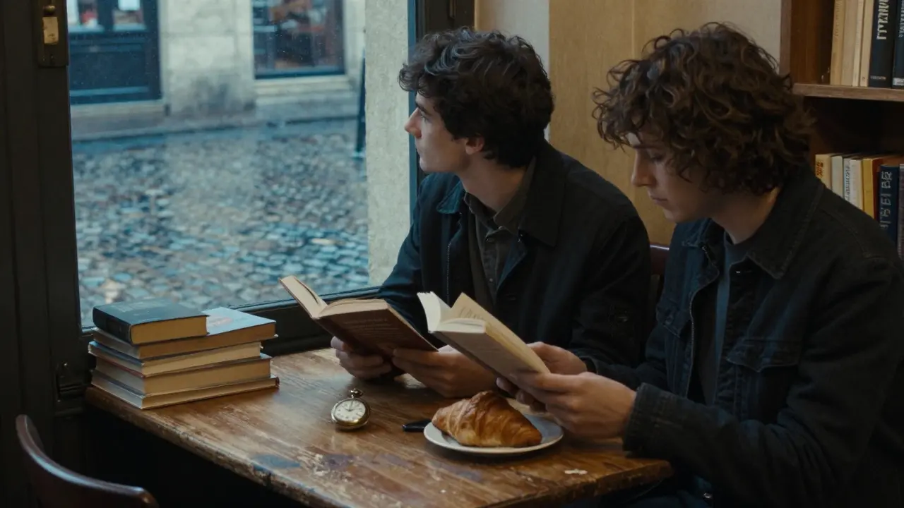 Two people sit quietly in a Le Marais bookstore café, no phones, just books, a watch, and the soft glow of lamplight.