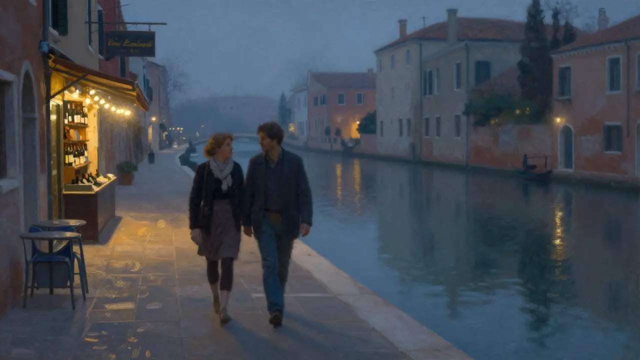 Two people walking peacefully along the illuminated Navigli canals at night, reflections on the water, quiet and serene.