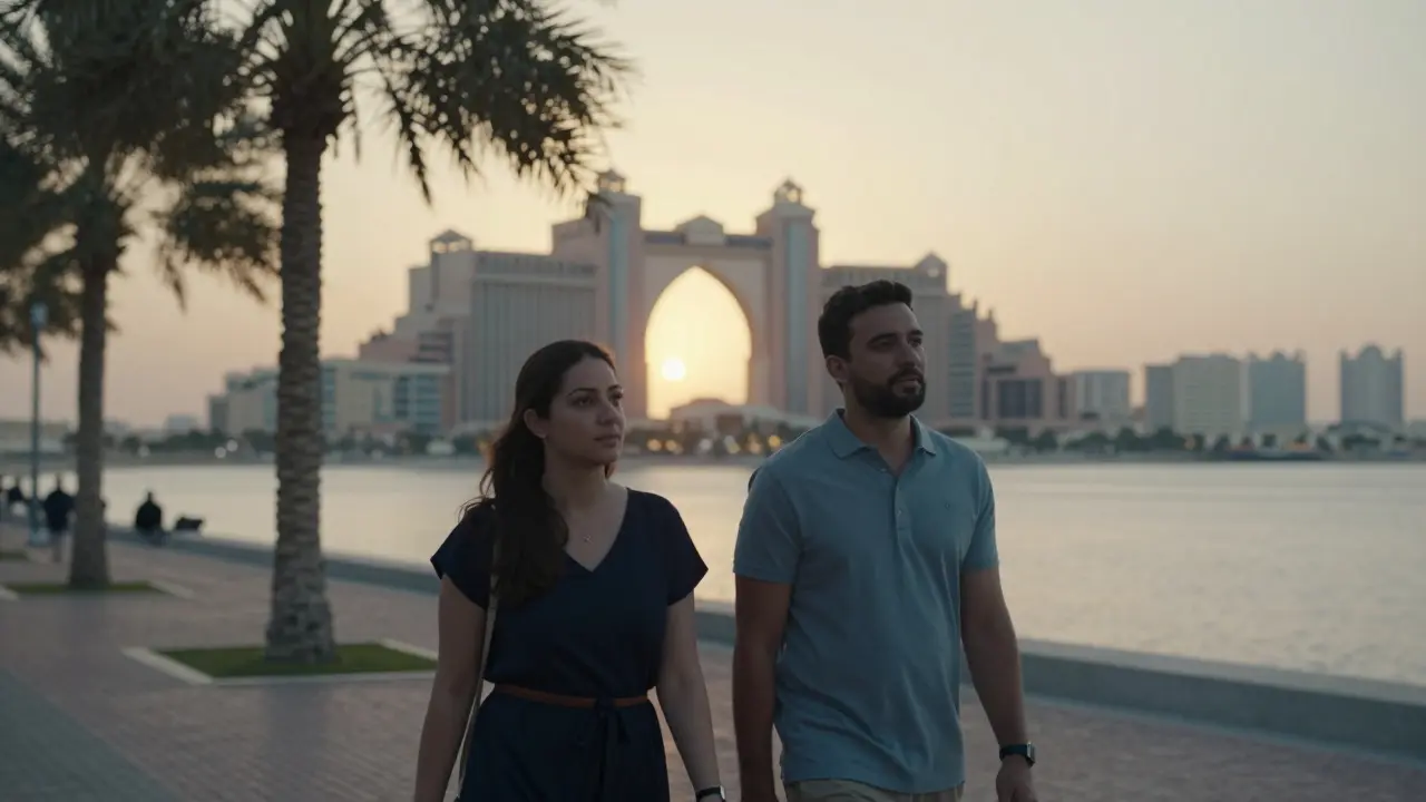 Two people walking side by side along the Corniche in Abu Dhabi at sunset, enjoying the view.