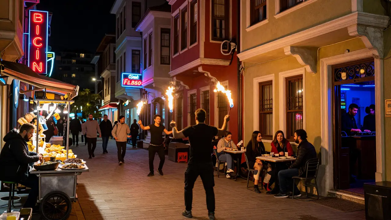 Vibrant Beyoğlu streets at midnight with street performers, food vendors, and neon lights.