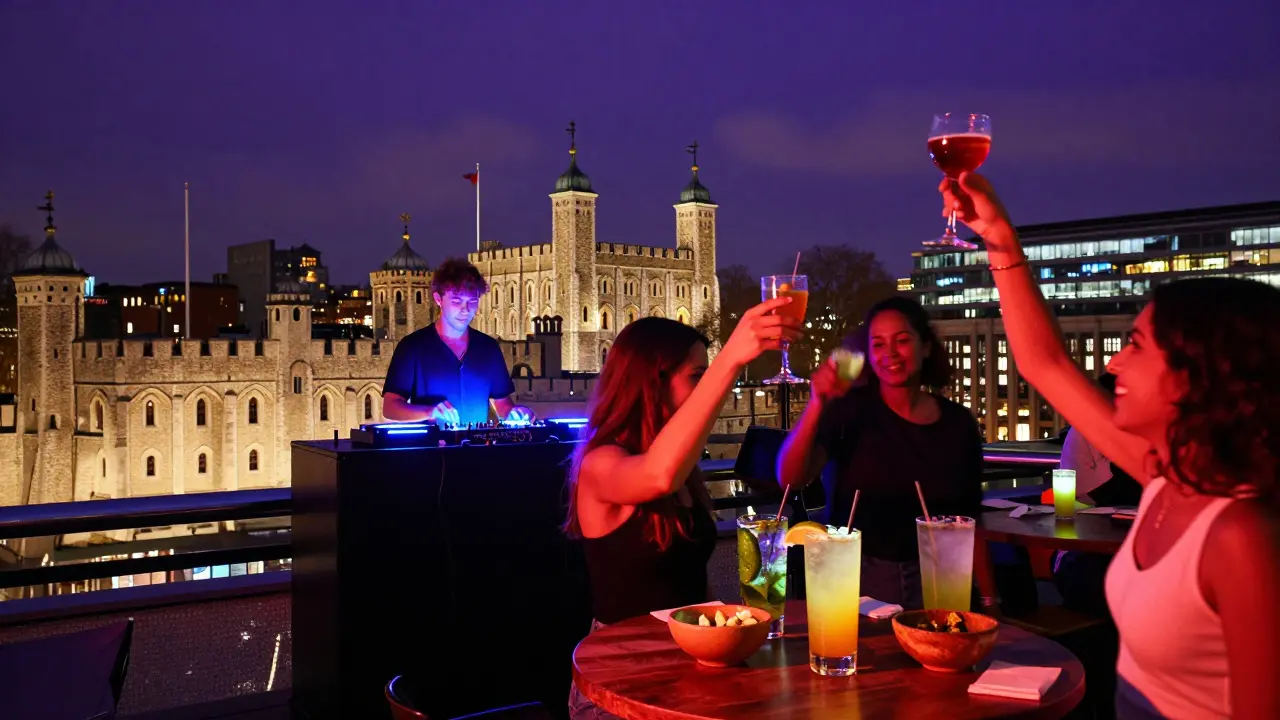 Vibrant nightlife scene at Sushisamba's rooftop terrace with glowing cocktails and Tower of London view.