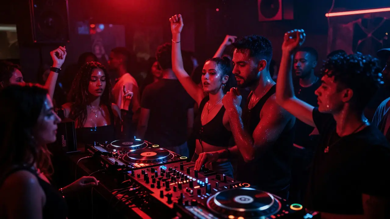 Vibrant underground club scene with a pulsing crowd dancing to techno under dim red and indigo lights.